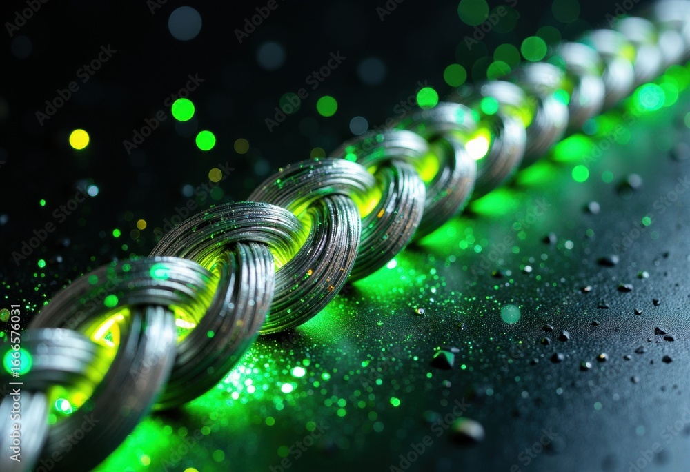 Poster a close-up of a metallic chain with glowing green lights and bokeh effects creating a vibrant atmosp