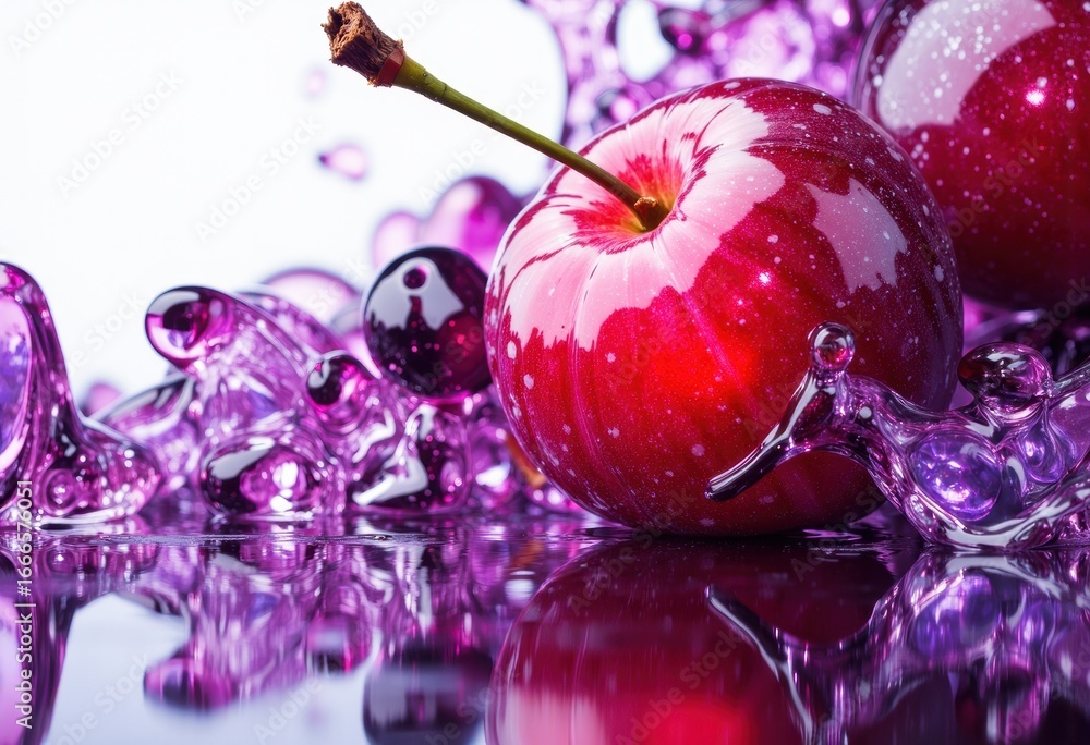 Poster red apple resting on a reflective surface surrounded by purple water splashes creating a vibrant and
