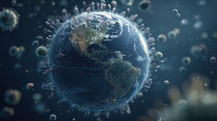 Global pandemic concept, Earth encircled by microbes, 3D illustration.