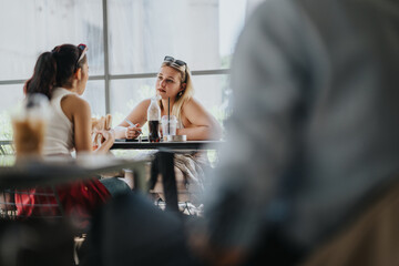 Two people sit at a cafe table, engaged in a thoughtful conversation, with beverages nearby, creating a casual and social atmosphere of connection and discussion.