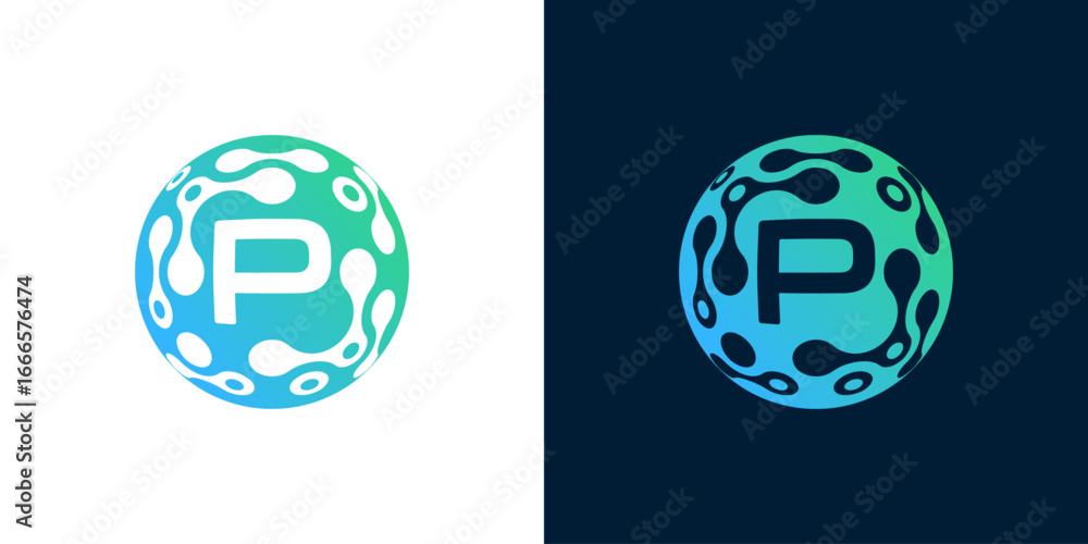 Poster letter p logo design with abstract ball technology digital data connection with green gradient color