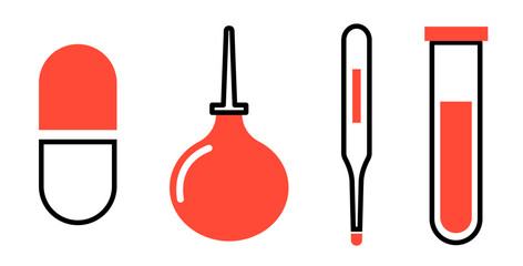 Set of Medical tools objects, such as: drug pill, enema, thermometer and test tube, on transparent background, flat line design, vector illustration