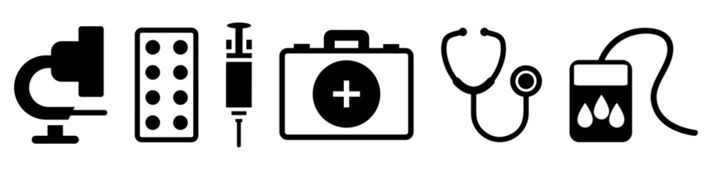 Obraz premium Set of medical tools icons, such as: microscope, drug pills, syringe, first aid bag, stethoscope and blood tester, on transparent background, flat line design, vector illustration