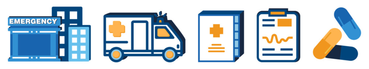 Set of Medical signs, such as: hospital building, ambulance, first aid, medical document and drug pills, on transparent background, flat line design, vector illustration