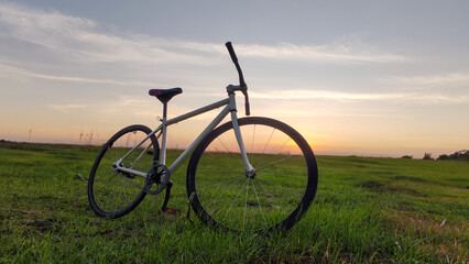 Naklejka premium Minimalist bicycle standing on green grass field at sunset, symbolizing freedom, outdoor lifestyle, and healthy living. Perfect for fitness blogs, travel promotions, cycling communities, and eco-frien