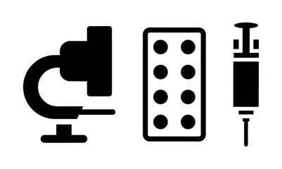 Set of medical tools icons, such as: microscope, drug pills and syringe, on transparent background, flat line design, vector illustration