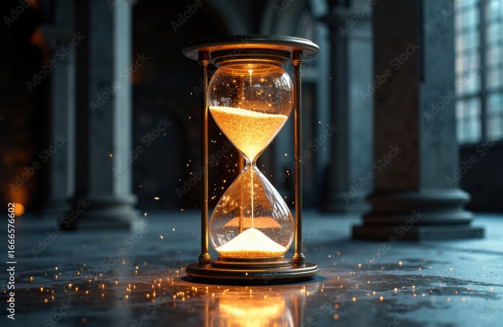 Poster an hourglass with glowing sand inside placed on a reflective surface in a modern architectural setti