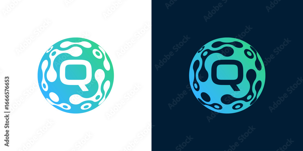 Poster Letter Q logo design with abstract ball technology digital data connection with green gradient color