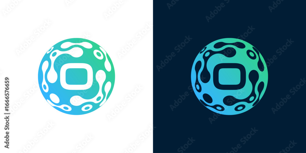 Poster Letter O logo design with abstract ball technology digital data connection with green gradient color