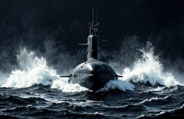 Submarine emerging from rough ocean waves in dark water scene