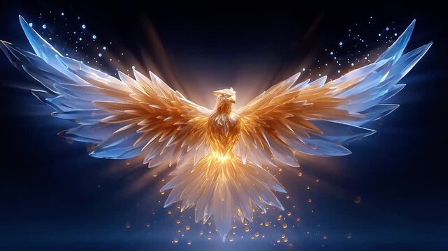 Crystal phoenix flaps radiant wings midair in a burst of magical energy. Slow motion. 4K.
