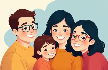 A happy family of four smiling together in a colorful illustration
