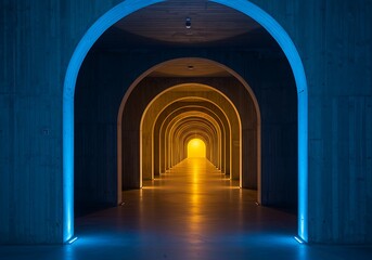Naklejka premium Long architectural tunnel with arches and glowing light