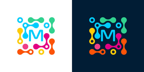 letter m logo design template with connecting circles. Science and medicine symbol with geometric dotted circles. Universal energy and technology vector icon.