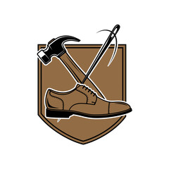 Vintage Classic Shoe Sole Repair Logo With Leather Man Shoe Hammer And Shoe Stitch Needle