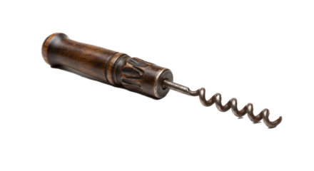 Antique corkscrew opener wooden handle vintage metal spiral bar tool kitchen accessory sommelier equipment on transparent background