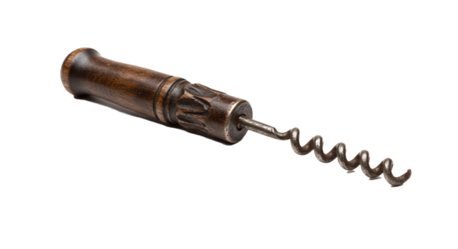 Antique corkscrew opener wooden handle vintage metal spiral bar tool kitchen accessory sommelier equipment on transparent background