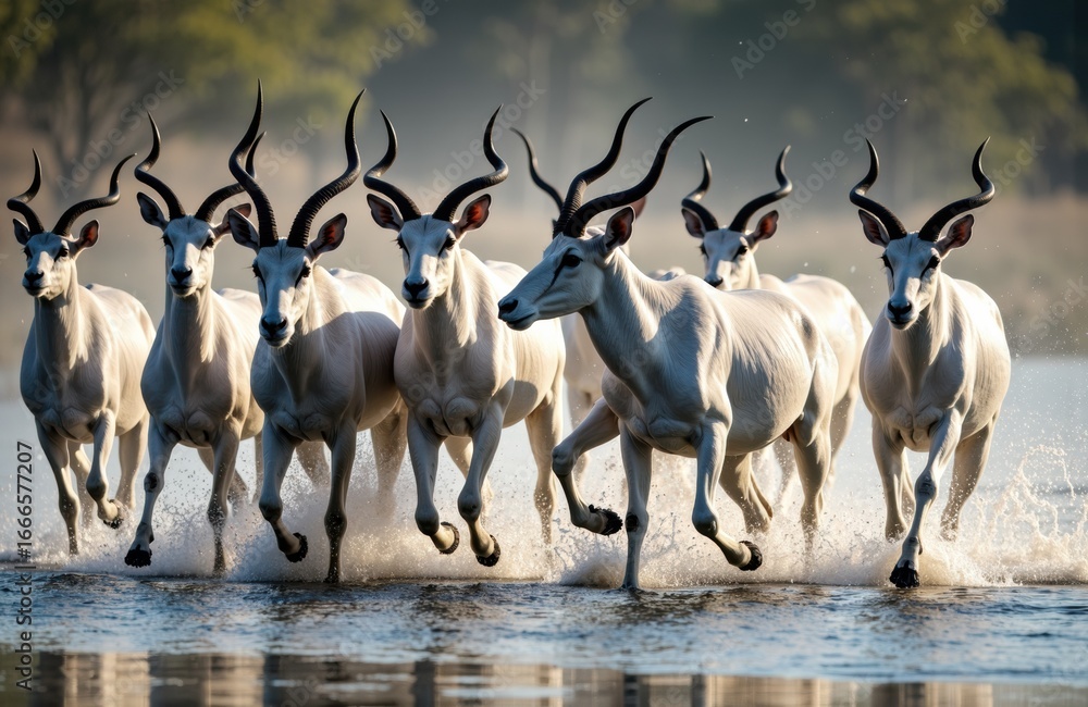 Poster a herd of oryx running through water in a natural landscape with trees in the background