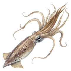 Fototapeta premium Hand-Painted Watercolor Squid Illustration, Isolated on Transparent Background, Cephalopod, Ocean Life, Marine Animal, Squid, Watercolor, Illustration