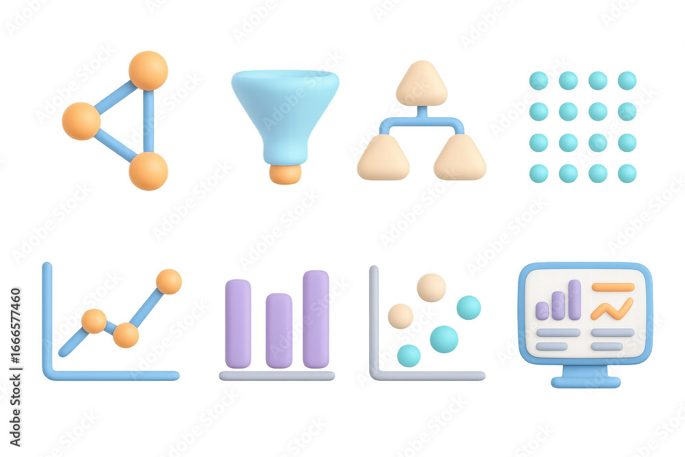 Poster 3d data icons: analytics and visualization set in pastel colors