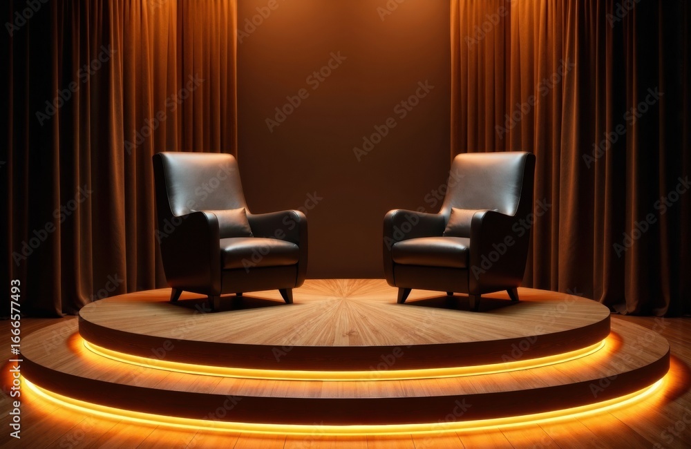 Poster a pair of modern armchairs are positioned on a circular stage with warm lighting and elegant curtain