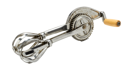 Vintage kitchen utensil hand crank egg beater whisk mixer cooking baking tool appliance culinary device on transparent background