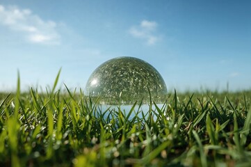 Eco-friendly idea with a transparent sphere on green vegetation