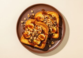 Delicious toasted bread slices topped with caramelized bananas chopped nuts drizzled with chocolate sauce served on a round plate
