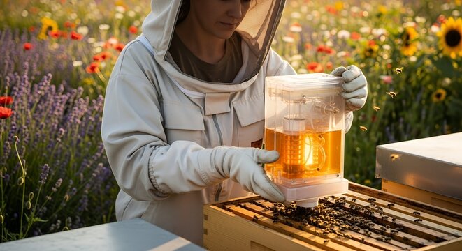 Beekeeper in a protective suit feeding honeybees from a hive feeder in a sunlit field of flowers. - Powered by Adobe