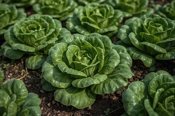 Obraz premium Lettuce Plants with Vibrant Green Leaves Cultivated in a Garden Plot