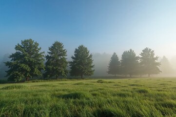 Fototapeta premium Misty dawn enveloping a lush woodland beneath a clear azure sky
