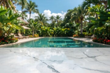 Fototapeta premium Blank white marble tabletop with out-of-focus swimming pool in a tropical setting - ideal for showcasing or combining your items.