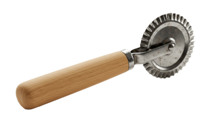 Pasta cutter wheel ravioli dough pastry crimper maker tool with wooden handle for kitchen and cooking on transparent background