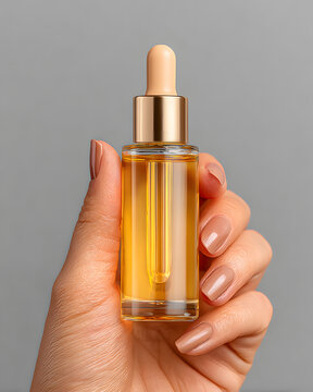 Woman hand holding facial essential oil or serum pacaging on transparent backgound. Beauty cosmetic prodct for skincare concept. Mckup.
