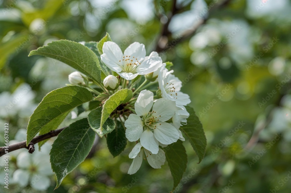 Poster a flowering apple tree limb in the springtime. snapshot of a tree branch covered with white blossoms