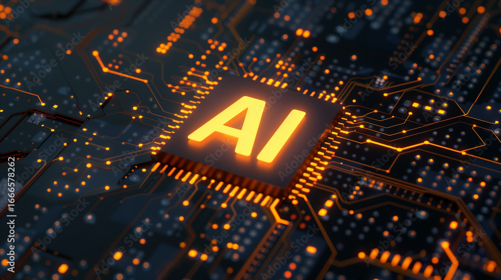 Poster close-up of an ai chip with the letters ai glowing on it, set against intricate circuit patterns