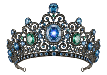 An exquisite, ornate crown featuring a dazzling array of light blue and teal gemstones, set against a dark background.