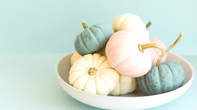 Pastel Colored Miniature Pumpkins Arranged in White Bowl Against Light Blue Background for Autumn and Thanksgiving Holiday Decorations and Table Centerpiece