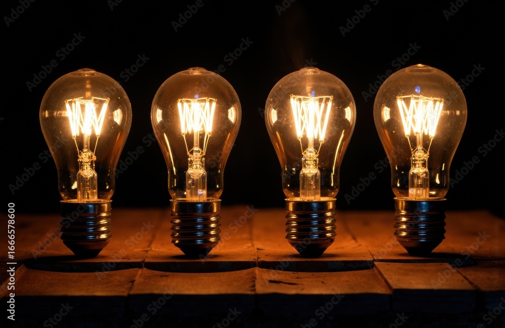 Poster light bulbs glowing in a row on a dark background creating warm illumination