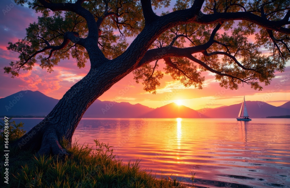 Poster sunset over a lake with a sailboat and a large tree in the foreground