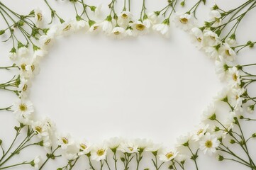 Floral arrangement with a flower border on a plain surface, overhead perspective, empty area for text
