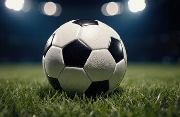 Fototapeta premium A soccer ball resting on a grass field in a stadium with bright lights in the background