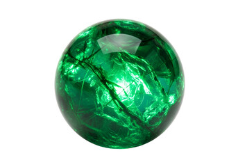 A vibrant, luminous emerald-green sphere glows against a dark backdrop, showcasing intricate veining and reflections.