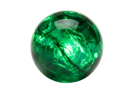 A vibrant, luminous emerald-green sphere glows against a dark backdrop, showcasing intricate veining and reflections.