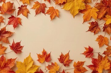 Fototapeta premium Autumn leaves in various colors scattered against a plain backdrop