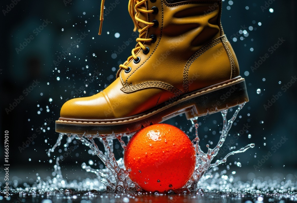 Poster a yellow boot stepping on an orange ball with water splashing around in a dynamic scene