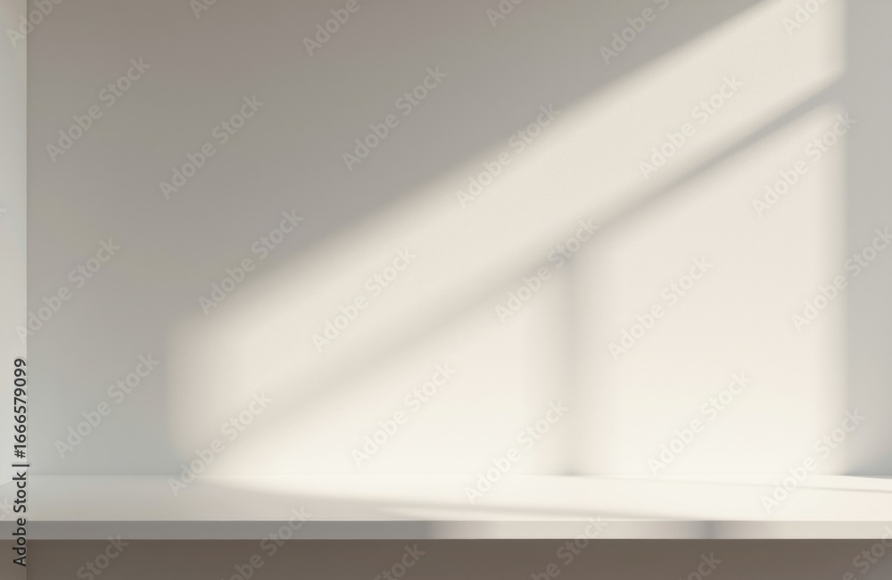 Poster empty white shelf with soft shadows and copyspace for text or design elements
