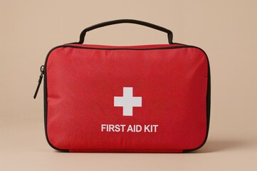 Close-up of a red emergency medical bag featuring a black zipper and handle