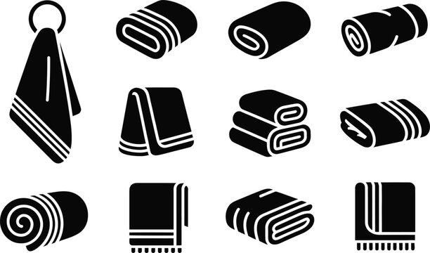 Collection of black and white towel icons in various folded and rolled styles