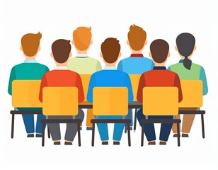 Illustration icon of a forum of students sitting on their chairs listening to the teacher explaining the lesson in class